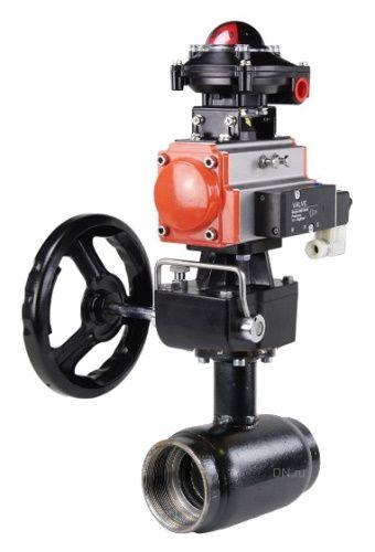 Кран шаровой ALSO КШ.М.Р.040.40-01 1 1/2″ Ду40 Ру40 стандартнопроходной, муфтовый, корпус - сталь 20, уплотнение - PTFE, управление - пневмопривод  PA-DA-065 с пневмораспределителем 4M310-08 24В, БКВ  APL-210N, ручным дублером -HDM-1 в горо