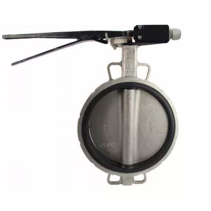 Затвор дисковый поворотный  316L-316L-VITON Ду150 Ру16, корпус - Нержавеющая сталь AISI 316L, диск - Нержавеющая сталь AISI 316L, уплотнение - VITON, с ручкой, с двумя концевыми датчиками LS-103 250В и кронштейном для крепления концевых выключателей 