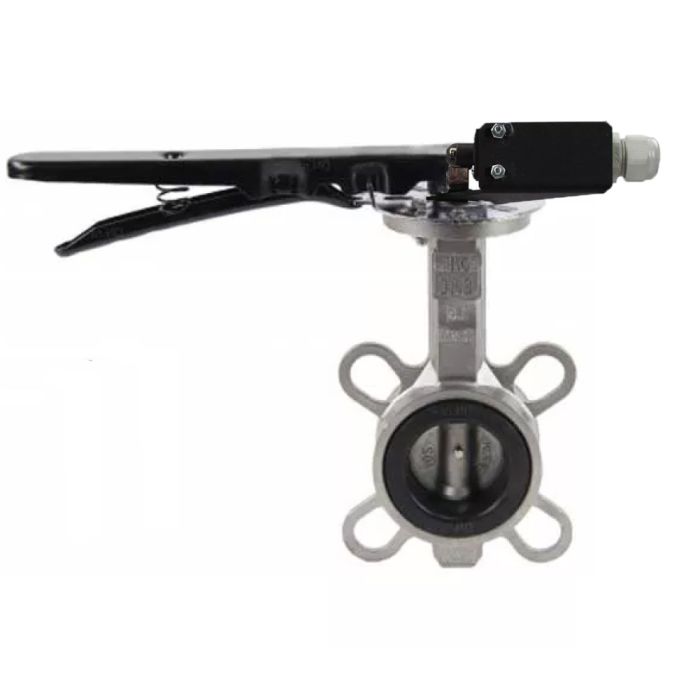 Затвор дисковый поворотный  316L-316L-VITON Ду50 Ру16, корпус - Нержавеющая сталь AISI 316L, диск - Нержавеющая сталь AISI 316L, уплотнение - VITON, с ручкой, с двумя концевыми датчиками LS-103 250В и кронштейном для крепления концевых выключателей в