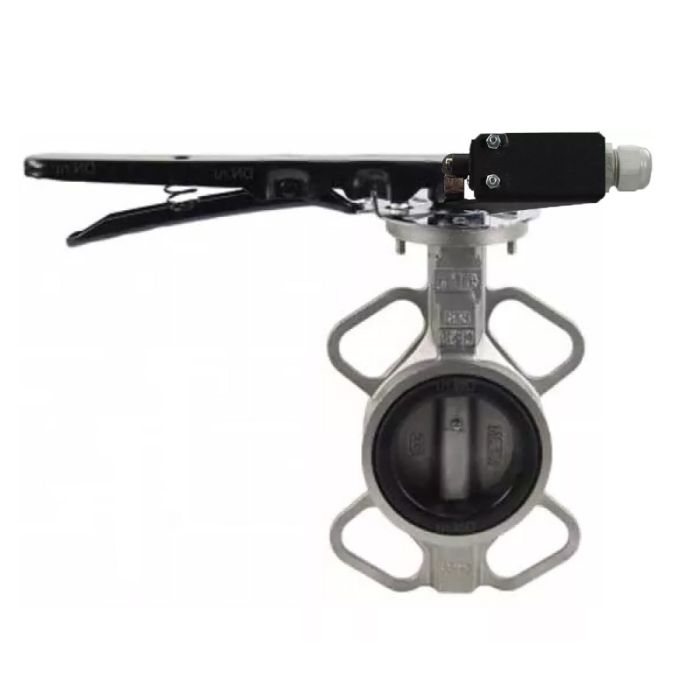 Затвор дисковый поворотный  316L-316L-VITON Ду125 Ру16, корпус - Нержавеющая сталь AISI 316L, диск - Нержавеющая сталь AISI 316L, уплотнение - VITON, с ручкой, с двумя концевыми датчиками LS-103 250В и кронштейном для крепления концевых выключателей 