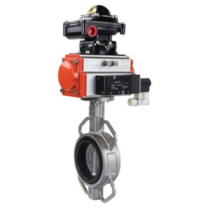 Затвор дисковый поворотный  316L-316L-EPDM Ду300 Ру16, корпус - нержавеющая сталь 316L, диск - нержавеющая сталь 316L, уплотнение - EPDM, с пневмоприводом  SA-210 с возвратными пружинами и пневмораспределителем 4M310-08 220V и БКВ APL-410N EX в 
