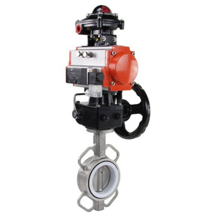 Затвор дисковый поворотный  316L-316L-PTFE Ду300 Ру16, корпус - нержавеющая сталь 316L, диск - нержавеющая сталь 316L, уплотнение - PTFE, с пневмоприводом  SA-210, с пневмораспределителем 4M310-08 220V, с БКВ APL-410N EX и ручным дублером HDM-4 