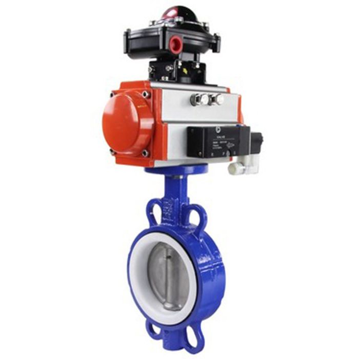 Затвор дисковый поворотный  WCB-316L-PTFE Ду40/50 Ру16, корпус - углеродистая сталь WCB, диск - нержавеющая сталь 316L, уплотнение - PTFE, с пневмоприводом  SA-105 с возвратными пружинами и пневмораспределителем 4M310-08 220V и БКВ APL-410N EX в