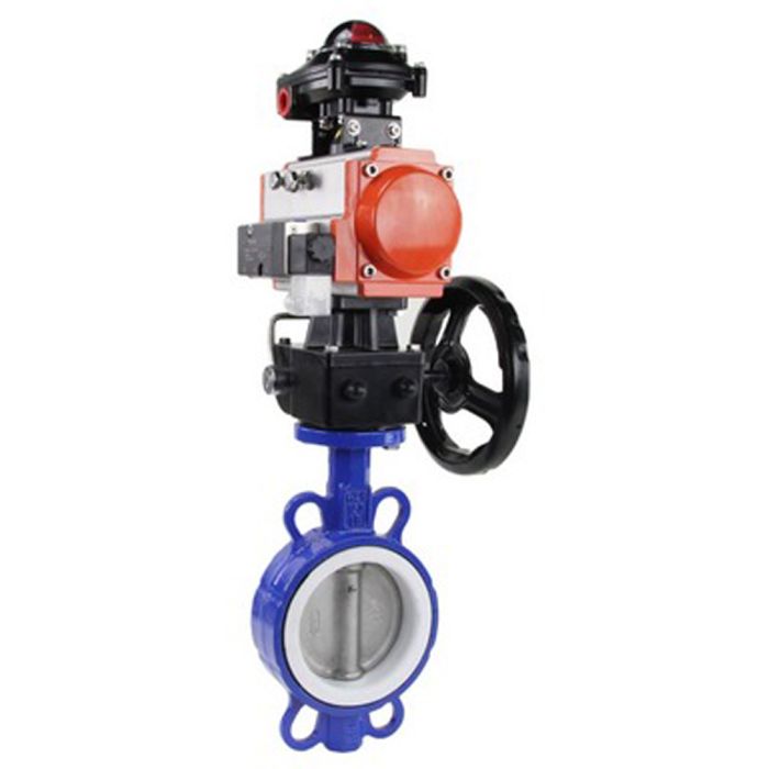 Затвор дисковый поворотный  WCB-316L-PTFE Ду100 Ру16, корпус - углеродистая сталь WCB, диск - нержавеющая сталь 316L, уплотнение - PTFE, с пневмоприводом  SA-140, с пневмораспределителем 4M310-08 220V, с БКВ APL-410N EX и ручным дублером HDM-4 в