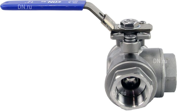 Кран шаровой нержавеющий 3-ходовой L-тип стандартнопроходной  RP.SS316.200.MM.040-ISO 1 1/2″ Ду40 Ру63, муфтовый, материал корпуса - нержавеющая сталь SS316 с ISO фланцем и рукояткой в городе Атырау