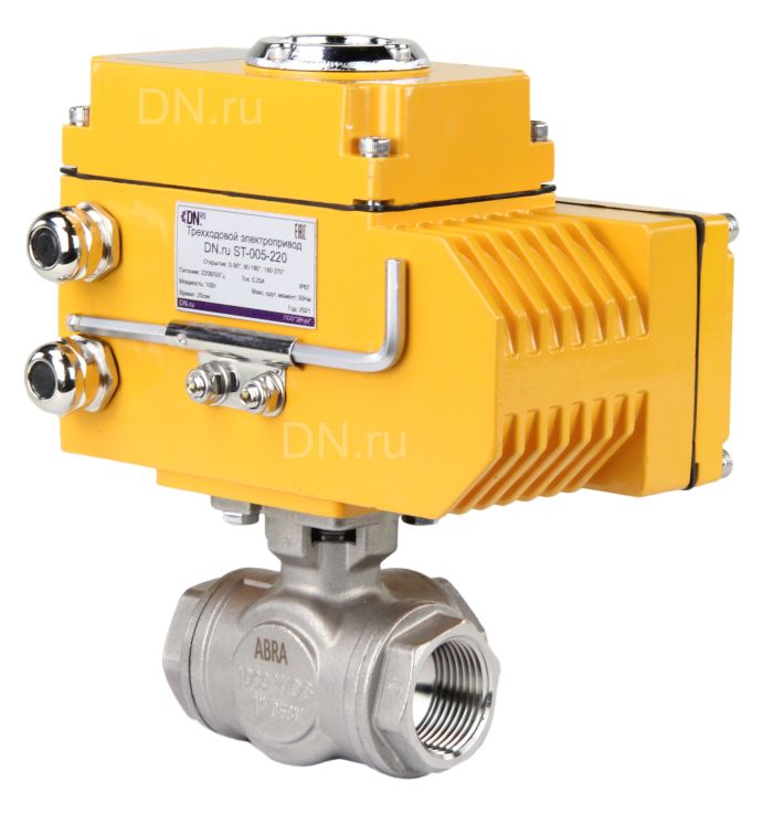 Кран шаровой трехходовой ABRA-BV15 L-порт Ду20 Ру40 стандартнопроходной, резьбовой c 3/4 оборотным электроприводом  ST-005 220В в городе Атырау