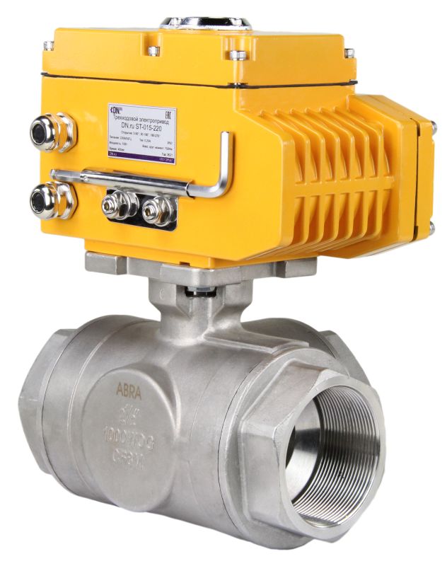 Кран шаровой трехходовой ABRA-BV15 L-порт Ду50 Ру40 стандартнопроходной, резьбовой c 3/4 оборотным электроприводом  ST-008 220В в городе Атырау