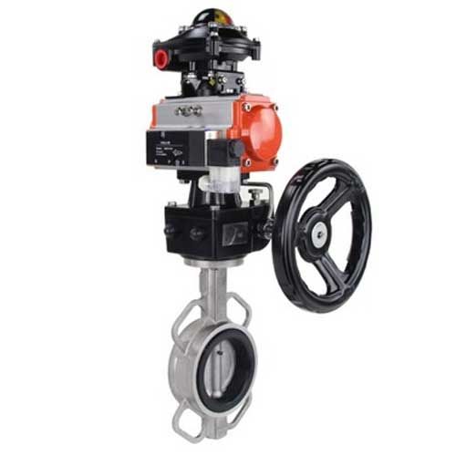 Затвор дисковый поворотный  316L-316L-VITON Ду50 Ру16, нержавеющая сталь, уплотнение - VITON, с пневмоприводом  SA-083, пневмораспределителем 4M310-08 220V, БКВ APL-210N и ручным дублером HDM-2 в городе Атырау